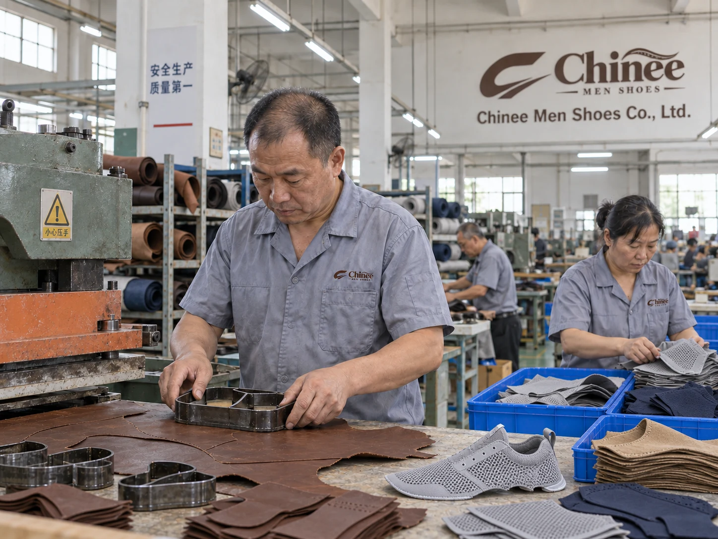 Chinee Men Shoes workers cutting leather and textile footwear components