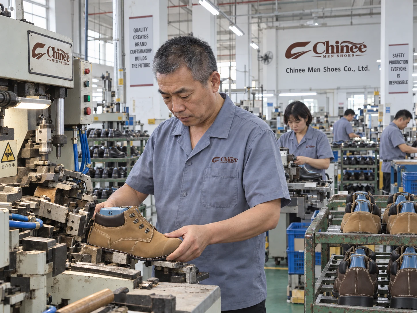 Chinee Men Shoes technician shaping an ankle work boot upper