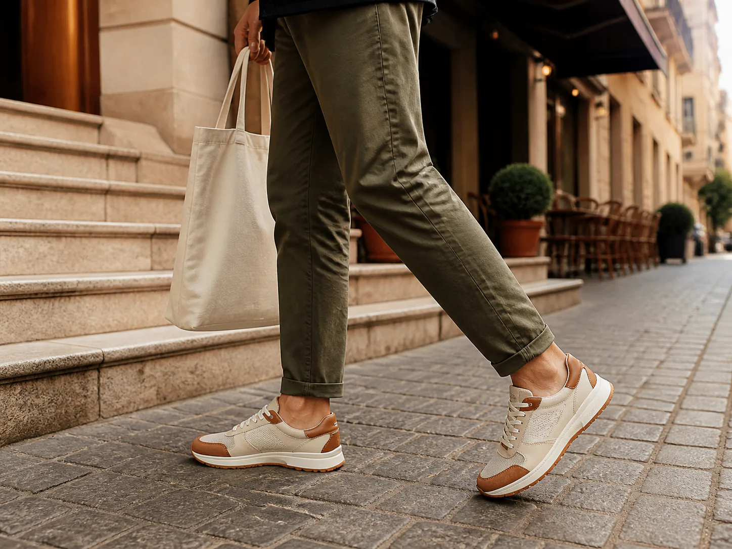 Man wearing Chinee casual sneakers in an urban setting