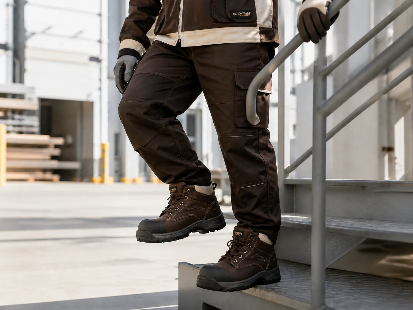 Technician wearing Chinee work boots in an industrial setting