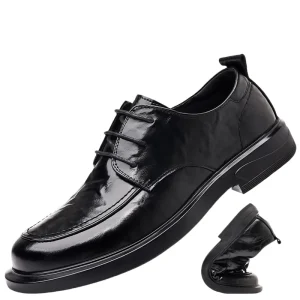 38-44 Two-layer Cowhide EVA Rubber Black Pointed Toe Loafers Lightweight Lace-up Embroidered Office Comfort Men’s