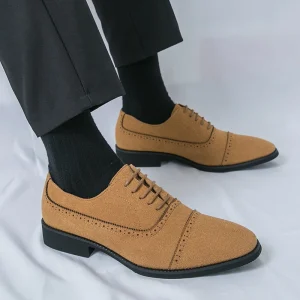 87221 Large sized Matte Yellow Lace up Business Formal Leather Shoes Pointed Toe Fashion Men Dress Shoes