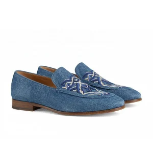 Accept Custom Vintage Embroidered Woven Denim Low Heel Comfortable Men Shoes British Style Casual Slip on Loafers