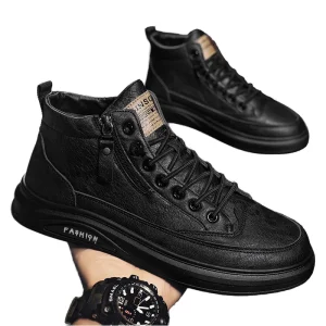 Autumn Fashion Trend Men’s High Top Board Shoes Korean Style All Match Sneaker Casual Students Flat Shoes Non Slip PU