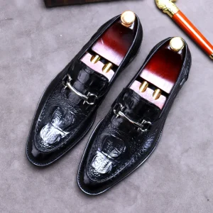 Autumn Men’s Genuine Leather Gator Embossed Wedding Shoes Business Formal British Slip On Pointed Toe Lazy Loafers Fashion Trend
