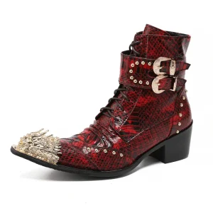 Autumn Snake-patterned Men’s Pointed-toe Stage Leather Men’s Boots Fashionable and Luxurious Studded Boots