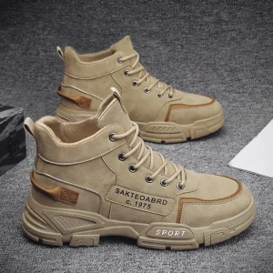 Autumn Spring British Style Men’s High Top Rhubarb Workwear Shoes Trendy Snow Boots Mid Top Cotton Walking Style High Tops