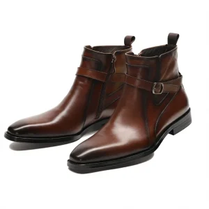 Autumn Winter Men’s High-top Chelsea for Boots Pointed Toe ZIP Closure Genuine Leather Solid Pattern Warmth Trendy
