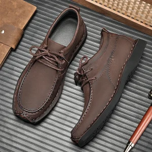 Autumn and Winter Men’s Loafers Lace-Up British Style Casual Leather Shoes Flat Sole Walking Style Shoes Office Dress Shoes