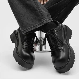 Black Big Head Men’s Thick Soled Height Increasing Casual PU Lace Up Breathable Mesh Derby Shoes