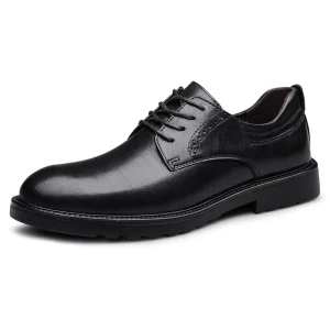 Black Leather Men Derby Dress Shoes Lace up Brogue Detail Thick Platform Sole Business Formal Oxford Shoes