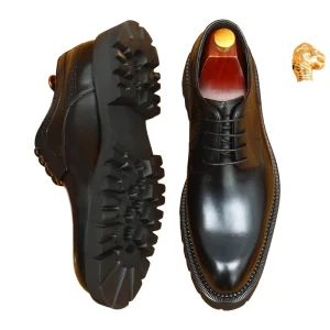 Black Men’s Business Leather Derby Shoes with Pointed Toe Thick Sole British Casual Style