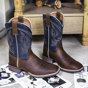Boots Men Sweat Leather Cowboy Blue Leather Cowboy Boots Goodyear Welt Chunky Heel Custom Men’s Cowboy Boots