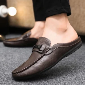 Breathable Lightweight Comfortable Soft Leather Backless Casual Half Slippers Men’s Mules