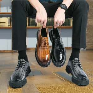 British Business Formal Wedding Groom Men’s Checked Thick soled High heel Lace up Leather Shoes Men’s PU Shoes