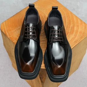 British Style Men’s Genuine Leather High End Glossy Business Casual Wedding Groom Square Toe Lace up Thick Sole High Top Derby