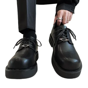 British Style Men’s Leather Big Toe Derby Shoes Black Thick Sole Small Leather Shoes All-Match Trendy Chunky Shoes