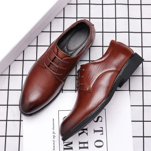 British-style Business Pointed-Toe Men’s PU Shoes Lace-Up Formal Casual Trendy Korean-Style Anti-Slip Durable Wedding Shoes