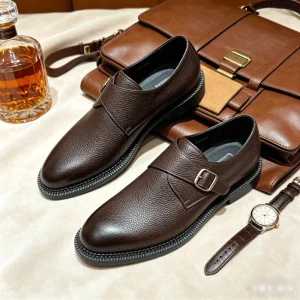 Brown Grain Leather Single Monk Strap Shoes for Men Men’s Formal Single Strap Dress Shoes