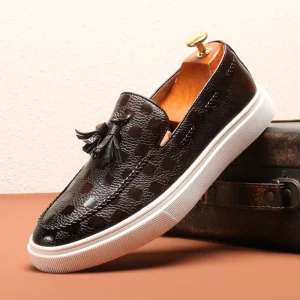 Brown Men’s Tassel Loafers Plaid Pattern Slip On Casual Dress Shoes for Business Party and Daily Life