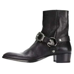 Buckle Decoration Black Genuine Leather Men’s Pointed Toe Casual Chelsea Boots Zipper Wedding Dresses Shoes