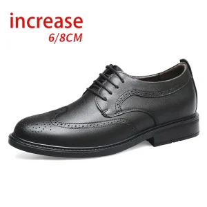 Business Dress Thick soled Invisible Height increasing 8cm Casual PU Shoes Men’s Brock Carved Groom Wedding Rubber Outsole