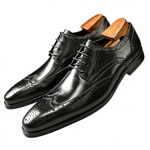 Business Formal Men’s Lace-Up Solid Breathable Brogue Derby Shoes Leather Polished Small Square Toe Autumn