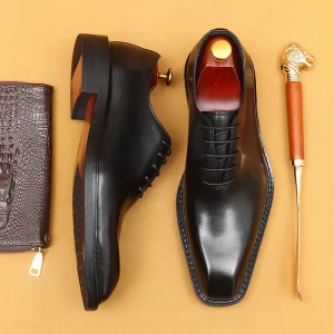 Business Men’s Formal Genuine Leather Lace-Up Shoes with Cushioning Toe Box for Office Career All Seasons