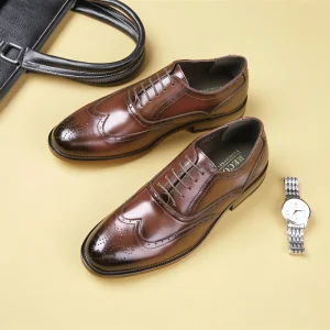 Business Round Toe Leather Shoes Men’s Carved Formal Office Wedding Shoes