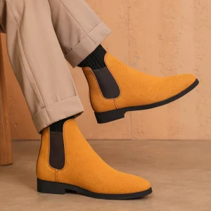 Casual Men’s Boots with Genuine Leather Insole Faux Deer Skin Mid-Barrel Ankle Boots Square Toe Stretch Backpile Design