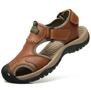 Casual Men’s Brown Leather Slip On Anti Slip Outdoor Hiking Sandals Closed Toe for Winter