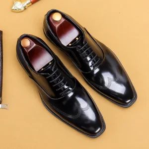 Classic Genuine Leather Men’s Business Oxford Lace-Up British Burnished Low Heel Rubber Sole Black Square Toe