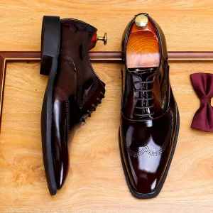 Classic Genuine Leather Men’s Business Oxford Lace-Up British Burnished Low Heel Rubber Sole Durable Black Square Toe Shoes
