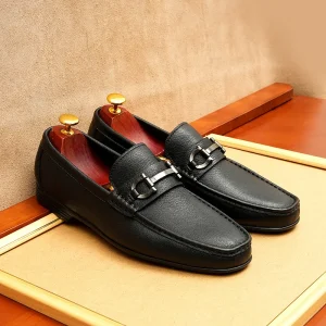 Classic Genuine Leather Men’s Casual Loafer Slip on British Vintage Comfortable Flat Sole Breathable Pigskin Lining Summer Black