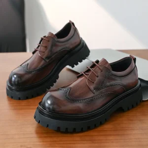 Classic Retro Brogue Carved Men’s Business Casual Leather Shoes Versatile Thick Sole Elevator Formal Dress Shoes for Wedding