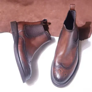 Classic Retro Cowhide Trendy British Carved Brogue Mid Calf Breathable Anti Slip Summer Chelsea Boots Men’s Casual Thick Soled