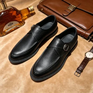 Comfortable Thick Sole Men’s Black Grain Leather Single Monk Strap Shoes Formal Leather Dress Shoes Small MOQ & Custom Logo