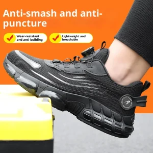 Cross border Fashion Men’s Low Top Slip on Safety Shoes No tie Laces Knob style Anti smash Anti puncture Fly knit Work Shoes