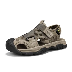 Custom Logo Leather Upper Large Size Summer Outdoor Men’s Adjustable Sandals Handmade Sewing Breathable Rubber Factory Supply