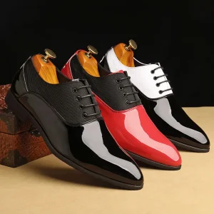 Custom Logo Men’s Dress Oxfords Patent Black White Patent PU Leather Summer Pointed Toe Men Wedding Party Formal Dress Shoes