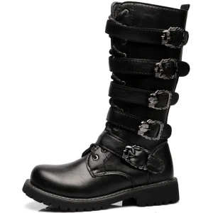 Custom Logo Punk Style Gothic Belt Men’s Leather Motorcycle Boots Midi Combat Boots