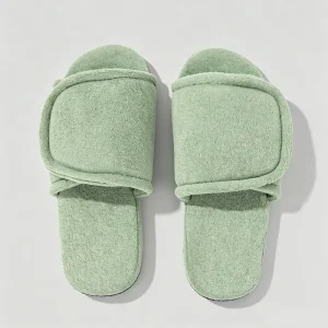Custom Logo Women Soft Open Toe Indoor Home Slides Adjustable Green Plush Cotton Towel Fabric Slippers