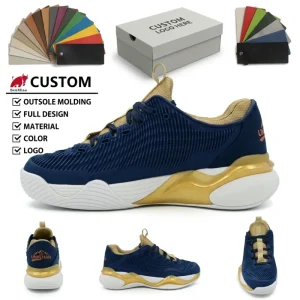 Custom Professional Lightweight Waterproof Breathable Hemp Navy Blue Metallic Gold Men’s Pickleball Shoes Tennis