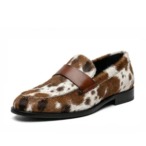Custom Vintage Cow Print Fur Brown Leather Strap Low Heel Comfortable Men Shoes Casual Fashion Slip-On Loafers