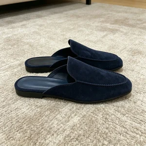 Custom Women’s Men’s Blue Suede Casual Closed Toe Backless Flat Slip on Mules Loafer Slippers