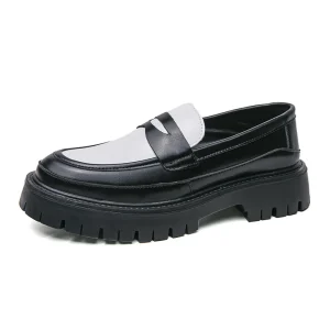 Custom solid color men’s slip on formal shoes PU insole color blocked design closed toe shock absorbing loafers