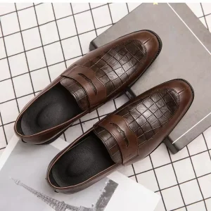 Customizable Men’s Brown Pattern Leather Loafers Premium Formal Dress Shoes with Slip On Design