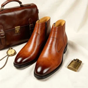 Customized Classic Brown Men’s Leather Boots Italian Zipper Boots Genuine Cowhide Leather Men Boots
