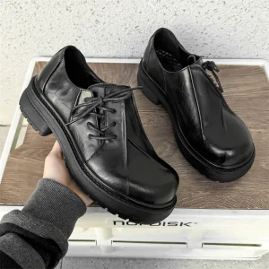 Derby Lace Up Winter Shoes Black Inner Height Increase Thick Bottom Leather Commuter Men Women British Style Leisure