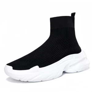 Designer Men’s Casual Sneakers for Spring Plus Size Elastic Knitted Shoes Soft EVA Sole High Top Slip Design Mesh Lining